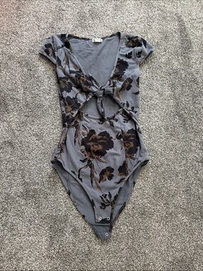 Intimately Free People Gray Floral Tie-Front Bodysuit